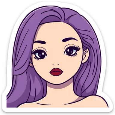 White girl with long oval face, huge round black eyes, big eyelashes, heather berry colored lips, shiny full lips, face closeup with bare shoulders, long straight middle-parted hair sticker