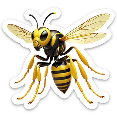 Cinematic Noble Wasp Portrait Emoji, Poised and formidable, with a sleek, slender body in bold yellow and black hues, angular, translucent wings and sharp, focused eyes exuding determined intensity, Simplified yet strikingly defined features, highly detailed, glowing with a cool, assertive radiance, high shine, intelligent and vigilant, stylized with an air of natural precision, focused and alert, soft glowing outline, capturing the essence of a watchful wasp that appears ready to buzz out of the screen with commanding presence! sticker