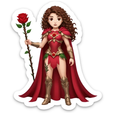 full body woman long curly brown hair brown eyes white skin tattoos muscular build rose thorn armor and petal cape sticker