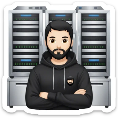 hackeur blanc cheveux noir barbe et capuche noir à côté d'un server sticker