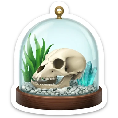 A terrarium glass dome with an animal skull inside, shiny pebbles and crystal inside. And plants inside  sticker
