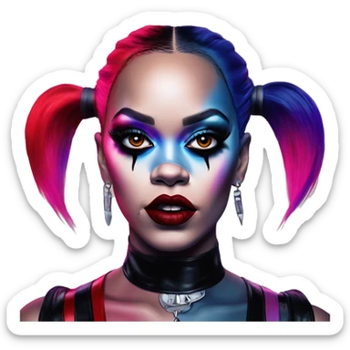 Synthwave Rihanna in Harley Quinn style, oil paint, mysterious eyes, intricate lips, masterpiece portrait, odd perspective, beautiful, desirable, logical sticker