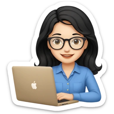 Cute female developer style sitting in front of laptop. No glasses, smiling with long hair waves. Early 20s light skin tone. Black hair sticker
