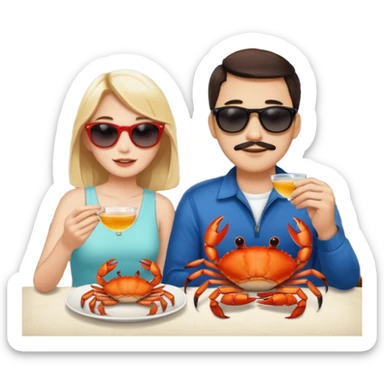 Men and girl Alaska crab are moving wearing a sunglass and 海港薈 sticker
