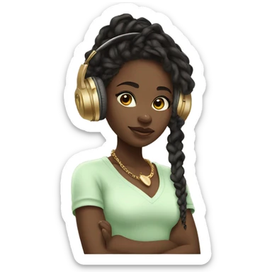 African girl. Black long twists. Wearing white headphones. Listening to music. Wearing a light green v neck top. Gold Jewelry. Makeup. Blush. sticker