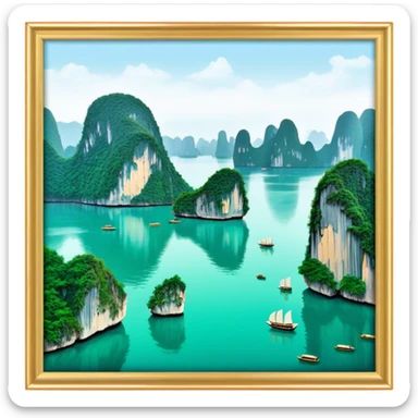 Cinematic Realistic Ha Long Bay Landscape Emoji, depicted with limestone karsts emerging from emerald waters rendered with intricate detail and dynamic natural lighting. sticker