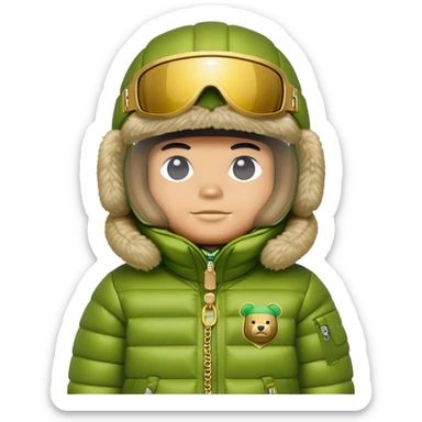 bearbrick with lime balaclava and logo tags, wearing large mirrored monolens ski visor shield covering entire upper face like sports goggles, puffy jacket with fur trim, gold chains sticker