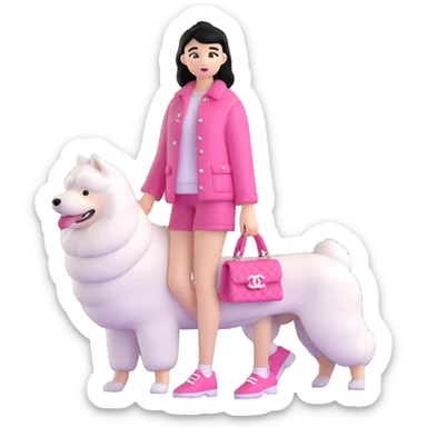 black-haired girl in pink Chanel style outfit with white Samoyed dog sticker