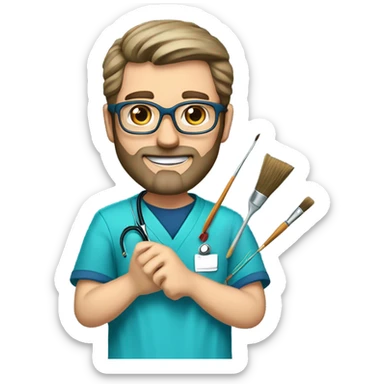 male dark blond haired doctor with grey van dyke beard with hazel eyes and small wire-rimmed glasses in blue scrubs holding a large paintbrush sticker