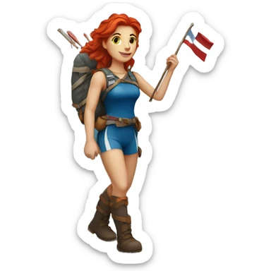 Female mountaineer red hair climbing with the real Greek flag and holding Easter eggs basket sticker