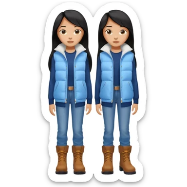 asin girl with black long slick backed hair wearing a dark blue long shirt and a puffy white sleeveless jacket on outside and light blue very baggy jeans with brown boots sticker