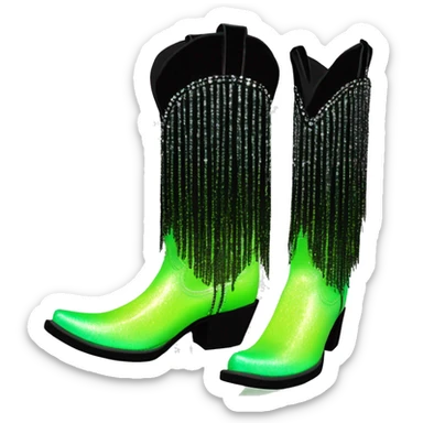 Realistic pastel lime green to black ombre pair of fashion cowgirl boots with sparkly shiny glitter fringe on them. sticker