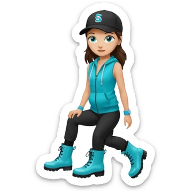 A landscaper in a beautiful turquoise hoody and turquoise rubber boots, black pants, and a black sleeveless shirt. On her head is a black color Swissotel baseball cap. The girl is a brunette with blue eyes. sticker