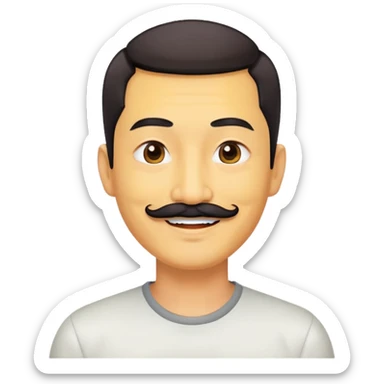 đàn ông 50 tuổi, da vàng, có ria mép màu đen, tóc undercut ngắn màu nâu, cười mỉm  sticker