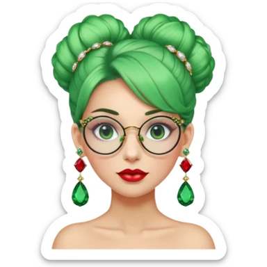 gem lover woman with gem accessories excessive amount gem glassess very big gem earrings green bun hair and red diamonds sticker
