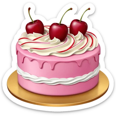 Round pink frosted cake with textured buttercream sides, placed on a gold cake board.
White whipped cream swirls on top, each topped with glossy red cherries with stems, clean studio lighting, isolated background, realistic minimal emoji-style. sticker