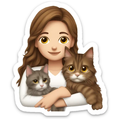Girl with brown hair cuddling Maine coon cat sticker