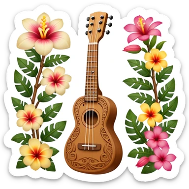Ukulele with Polynesian carvings with flowers behind it sticker