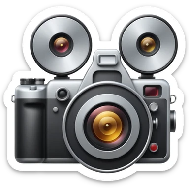 Minimal emoji icon of a huge cinematic metalic camera, front view, realistic lens, no gold sticker