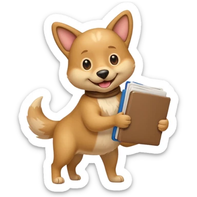 playful emoji dog carrying several resumes in its mouth, tail up, no hands, clean and iconic sticker