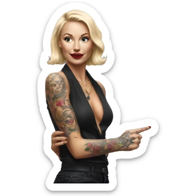Blonde elegant women, her body covered with tattoos, wine in her one hand, pointing on you with her other hand , Hyper realistic sticker