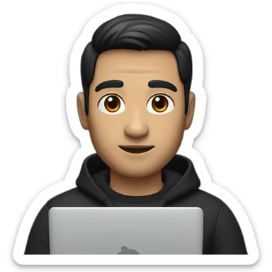     memoji of a man with a laptop in front, apple-style,modern,dark hair,black sweater,computer in hand, srilankan white skin, an avatar image gonna be round  sticker