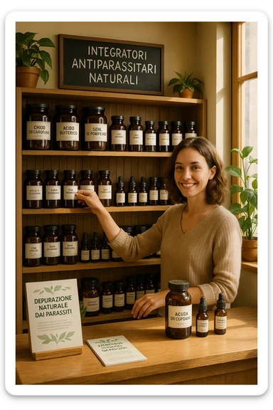A realistic, well-lit herbal supplement store interior with wooden shelves neatly displaying glass jars and bottles labeled as ‘Chiodi di Garofano’, ‘Acido Butirrico’, and ‘Semi di Pompelmo’, organized in a clean and aesthetic manner. Small handwritten chalkboard signs indicate ‘Natural Antiparasitic Supplements’ above the section. The environment feels warm and trustworthy, with potted green plants adding freshness and a subtle sunlight entering through a window. A young shop assistant with a welcoming smile arranges the products, while informational leaflets about natural parasite cleansing are visible on a wooden counter, creating a holistic and health-conscious atmosphere in Italiano sticker