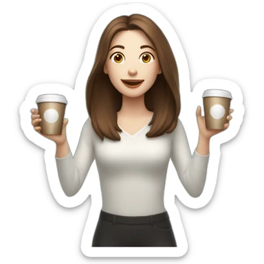 woman juggler with long straight brown hair and pale skin juggling coffee cups and miniature laptops in the air sticker