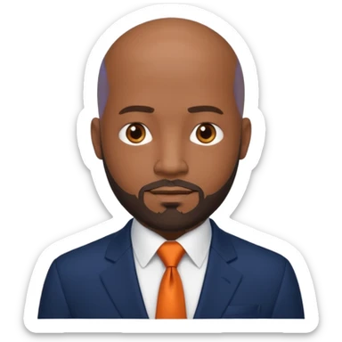 headshot of a sophisticated, stylish, bald head Caribbean black man with a beard and goatee in a navy blue suite, white shirt and dark orange tie with small eyes sticker