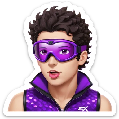 close-up of cool guy male athlete with white skin and moderately curly dark brown hair on top with shaved sides, with one purple ski goggle lens pushed up above his eyes on his forehead, sticking his tongue out of his mouth, a simple plain black chain necklace, and a completely unzipped sleeveless vest with purple and black sequin fire pattern design with no logo sticker