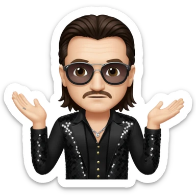 Bono from U2 with long dark brown hair, black sequin outfit  sticker