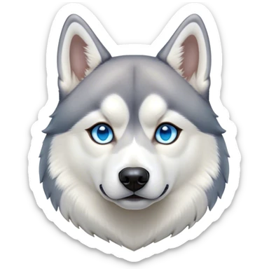 Cinematic Noble Siberian Husky Portrait Emoji, Poised and regal, with a strong, athletic build and a thick, well-groomed grey and white coat, piercing icy blue eyes, Simplified yet sharp and sophisticated features, highly detailed, glowing with a cool, dignified glow, high shine, intelligent and spirited, stylized with an air of endurance, focused and attentive, soft glowing outline, capturing the essence of a watchful and commanding sled dog, so majestic it feels as though it could sprint out of the screen with effortless authority! sticker