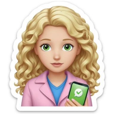 A white girl with long blonde curly hair and blue and green eyes wearing light pink sticker