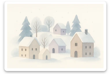 a cozy village in winter, watercolor art style sticker