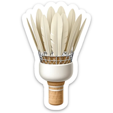 a common badminton shuttlecock with white feathers and cork base sticker