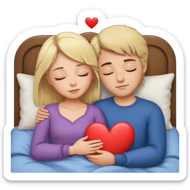 cuddling in bed, asleep. blonde girl. brunette man. eyes closed. heart between them. no headboard sticker