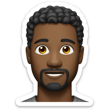 A head and shoulders shot of a 34 year old Black man, with short black hair, with goatee facial hair,   with brown eyes wearing a t-shirt. sticker