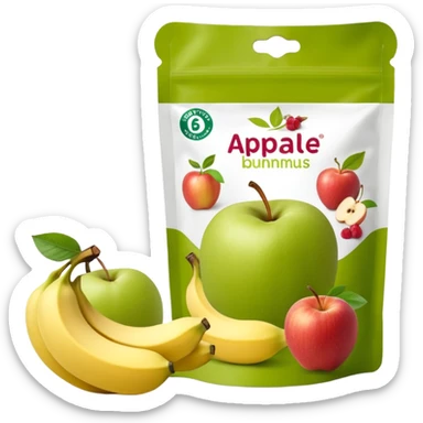 Ein weicher, bunter Standbeutel für Kinder, gefüllt mit püriertem Obstmus. Oben hat er einen kleinen wiederverschließbaren Schraubverschluss, aus dem Kinder direkt trinken oder saugen. Verpackung wie Babynahrung-Beutel aus dem Supermarkt, mit fröhlichem Obst-Design (Apfel, Banane, Erdbeere). sticker