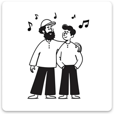 A taller 35-year-old musician with beard and backwards cap with his arm around the shoulder of his shorter, younger 25-year-old musician brother. Both facing forward, smiling. Obvious height difference between them. Music notes floating around and band members celebrating in background. sticker