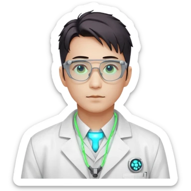 Cyberpunk scientist, Japanese male, high-tech glasses, glowing data reflection on lenses, lab coat collar, neural interface on temple, white neon lighting sticker
