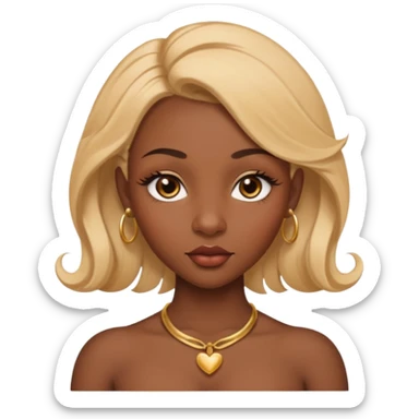 darkskin female with eyebrows that are naturally shaped and frame eyes well, eyes that are almond-shaped with defined lashes. nd lips are full with a defined cupid’s bow, add also a septum piercing that adds an edgy, stylish flair. a middle-part, honey blonde bust-down with laid baby hairs sticker