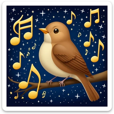 a nightingale bird singing with musical notes visible, flying against a dark starry night sky sticker