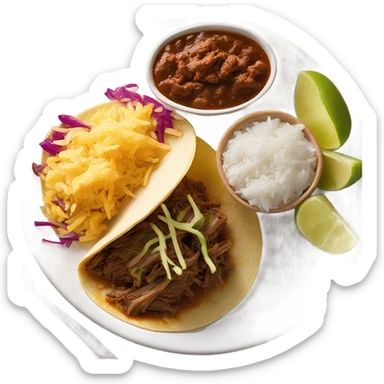 Cheesy shredded beef Birria tacos on a white plate with consome and rice on the side sticker