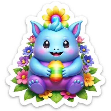 3D, Kawaii derpy fat rainbow monster sitting in a magical rainbow hued flower, rich textures, visually detailed, so lifelike that it feels like it could leap off the page at any moment sticker
