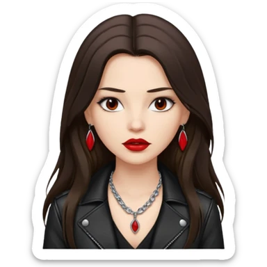 brunette with very long hair in black cuir jacket with red lips and very dark brown eyes and white shirt and mysterious necklace without ear piercing sticker