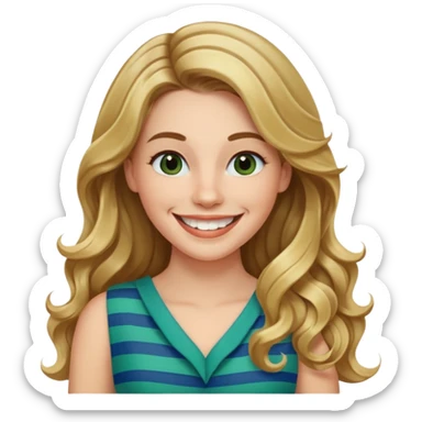 30 yr Caucasian woman long brown wavy hair parted on side blond stripe in hair blue green dress ,big smile white teeth, dimples sticker