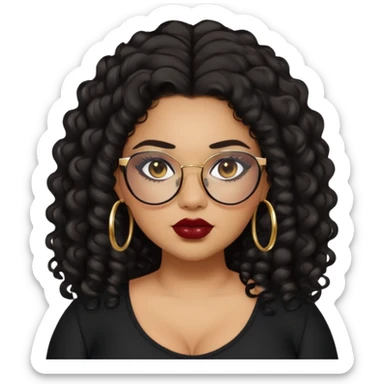 teen big plus size, latina, darker tan skin, gold hoops, long black curly hair, baddie,pretty, makeup, dark red lipgloss, black eyeliner, long hair, black top, black glasses sticker