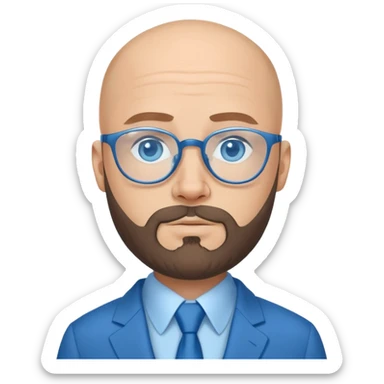 blue-eyed bald man with a beard and thin face in a husky blue suit with glasses sticker