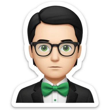 A male nerd with glasses and shoulder length black hair slicked back and wear Green Bow Tie sticker