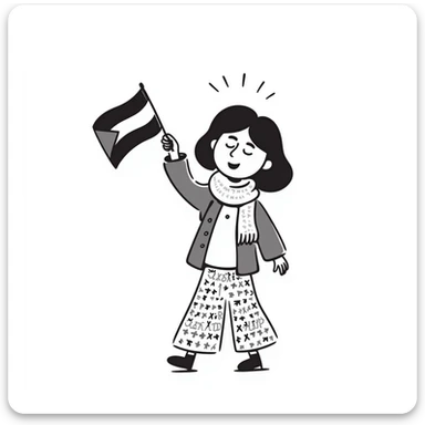 a hijab-wearing girl wearing the Palestinian keffiyeh and holding the Oman flag, hand drawn doodle style sticker